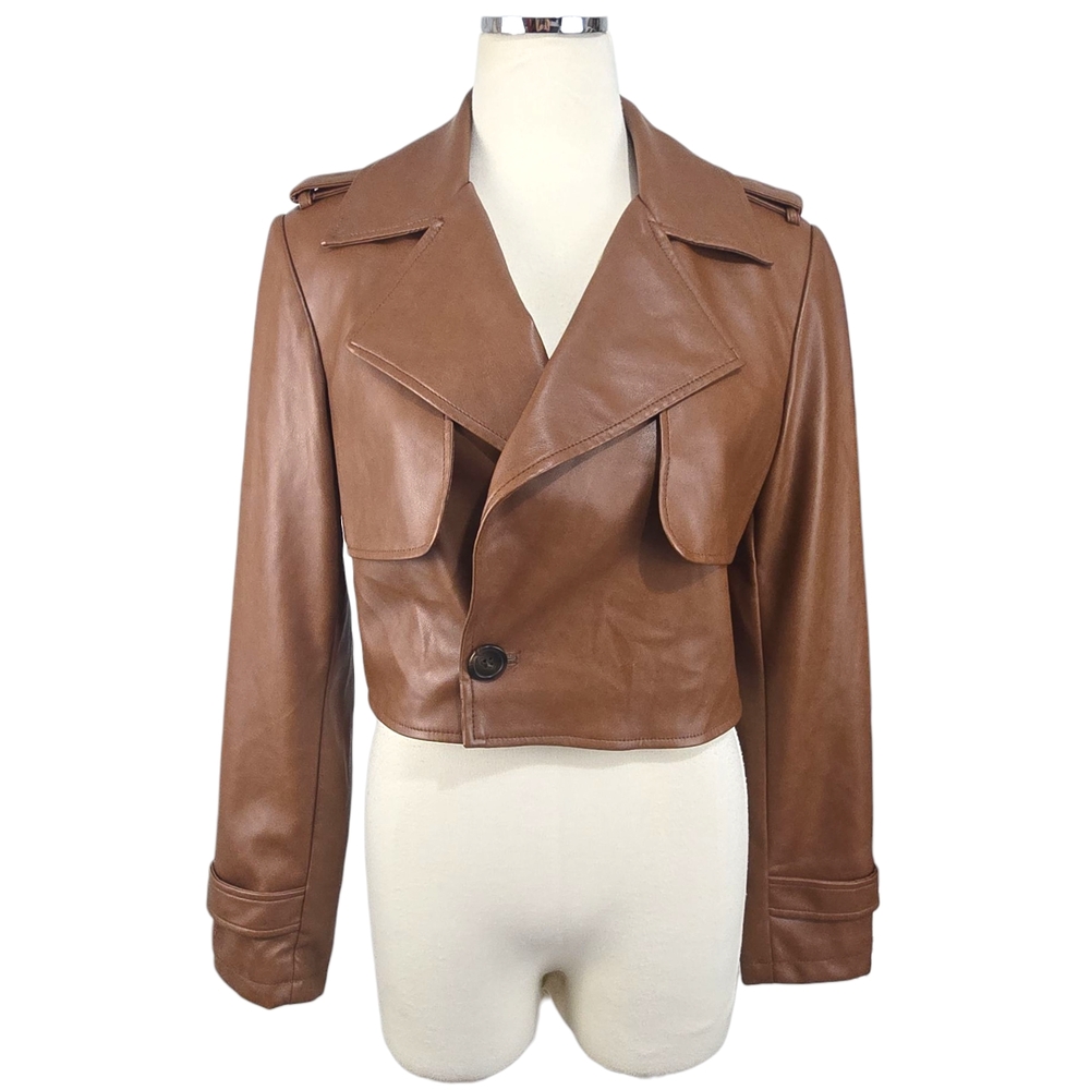 7 For All Mankind Cognac Brown Faux Leather Cropped Moto Jacket S Quiet Luxury
